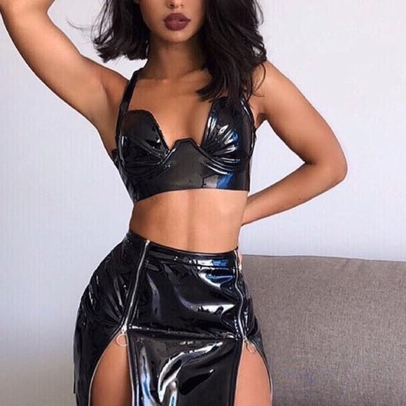 Oh Polly Tops - NWOT OH POLLY Black Vinyl Crop Top / size US 2